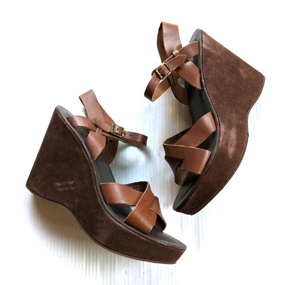 KORK EASE Bette Strappy Brown Suede Chunky Platform Wedge Sandals size 9